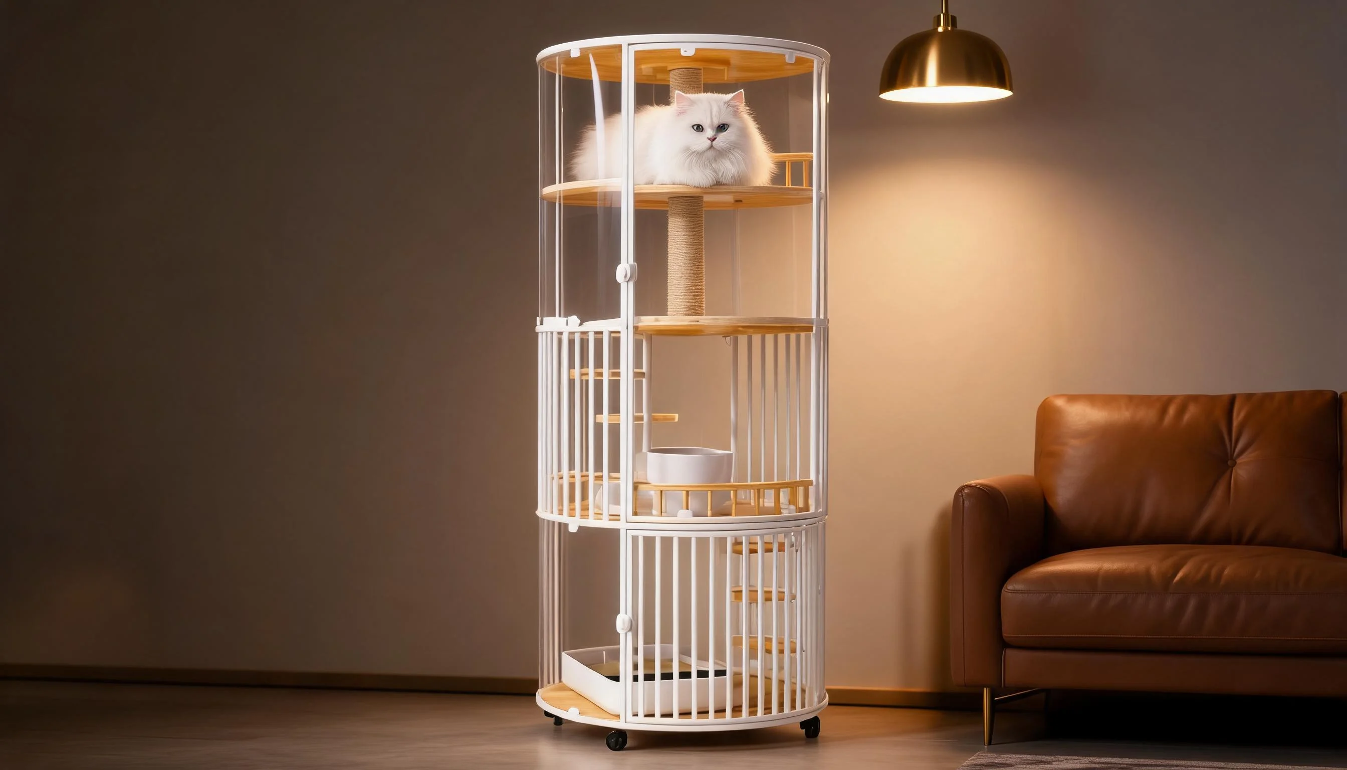 360度全景豪华猫笼 · 夜晚暖光与波斯猫 · GuardHound