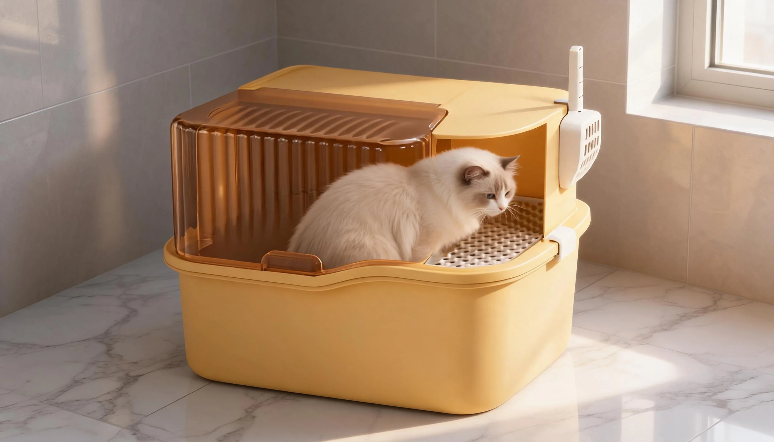 走廊式猫砂盆 · 清晨阳光下的猫砂盆 · GuardHound