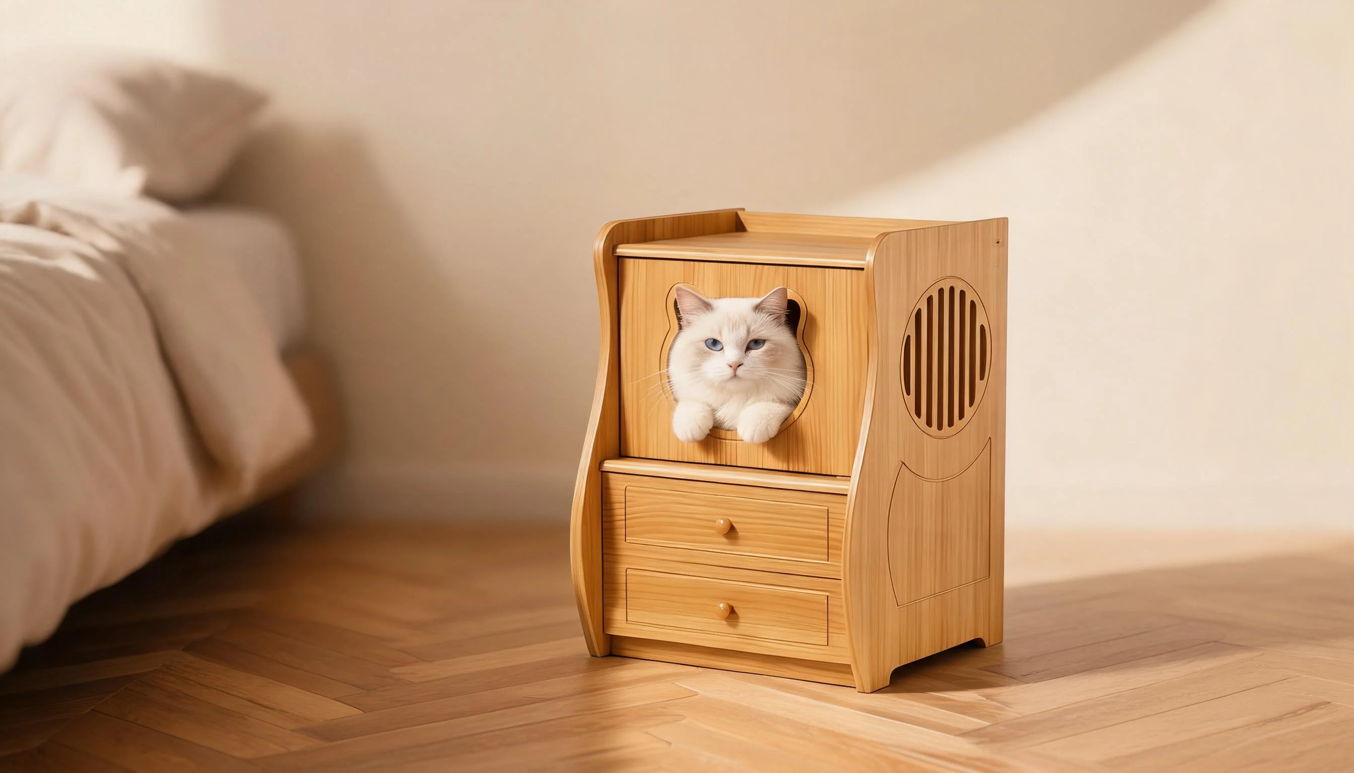 人宠共用孔雀松床头柜猫窝 · 床头共眠 · GuardHound